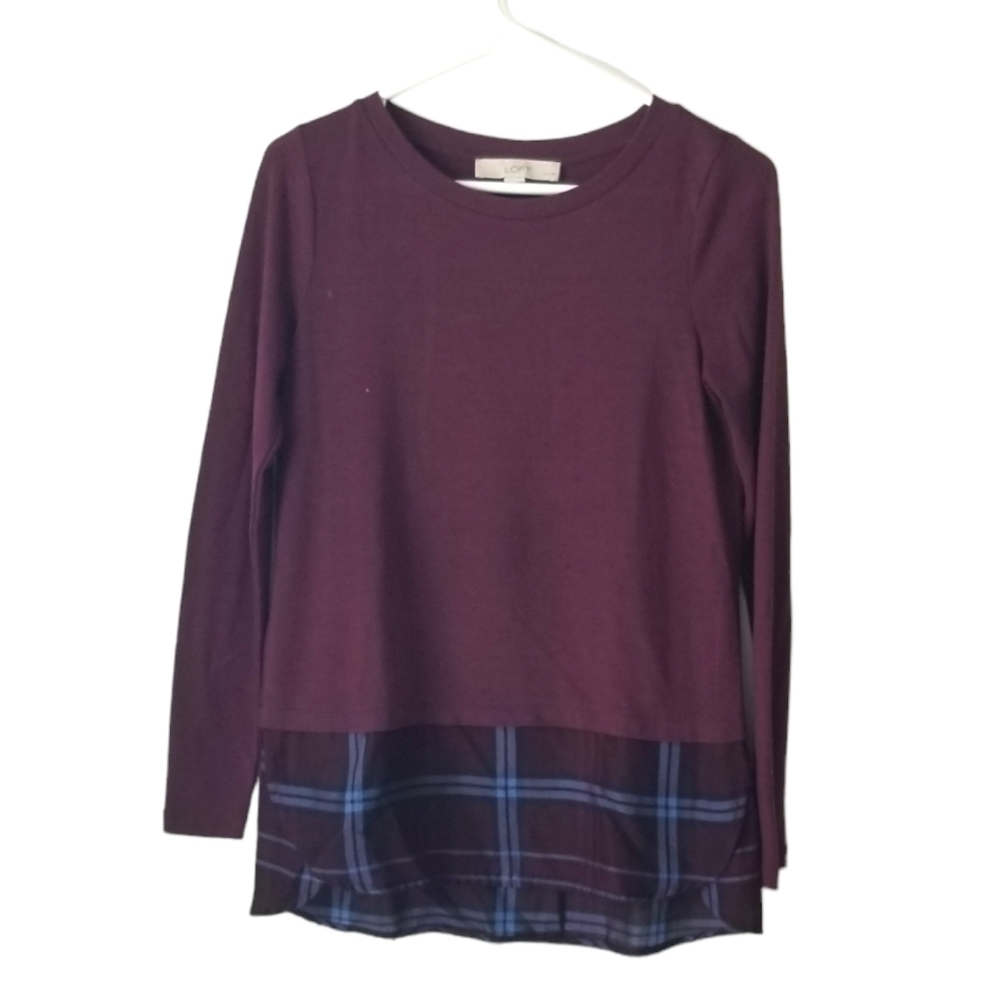 LOFT Mixed Media Knit Long Sleeve Knit Sweater with Plaid Shirttails, Size XXSP